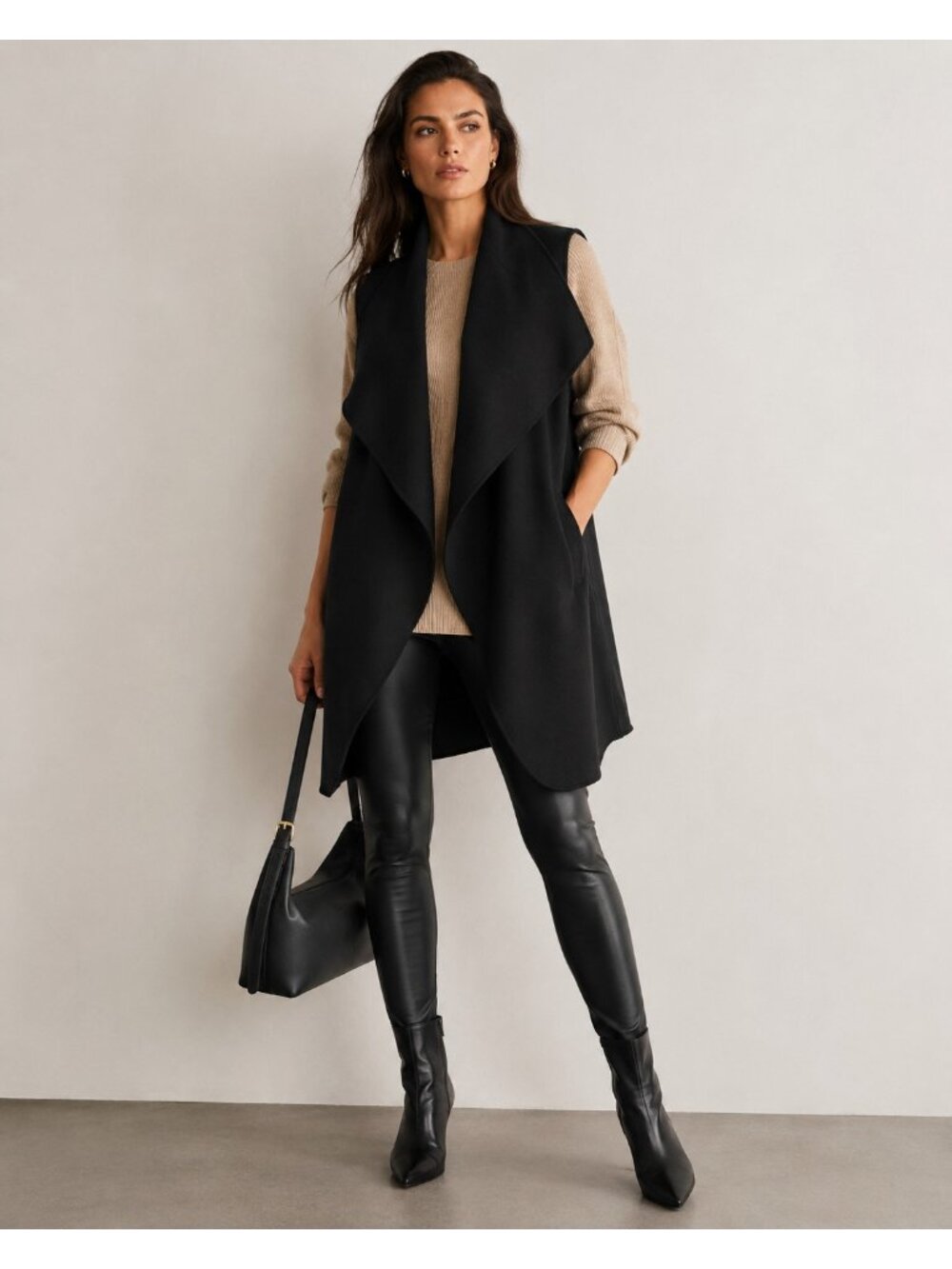 Zara Women's Black Long Wool Blend Oversized Draped Collar Vest  Size Medium